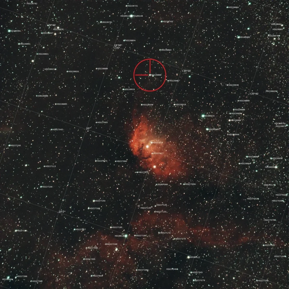 Scroll the slider to switch between the images of the Tulip Nebula and the annotated image that indicates where HD226868 and its companion, the first black hole candidate Cygnus X-1, are located