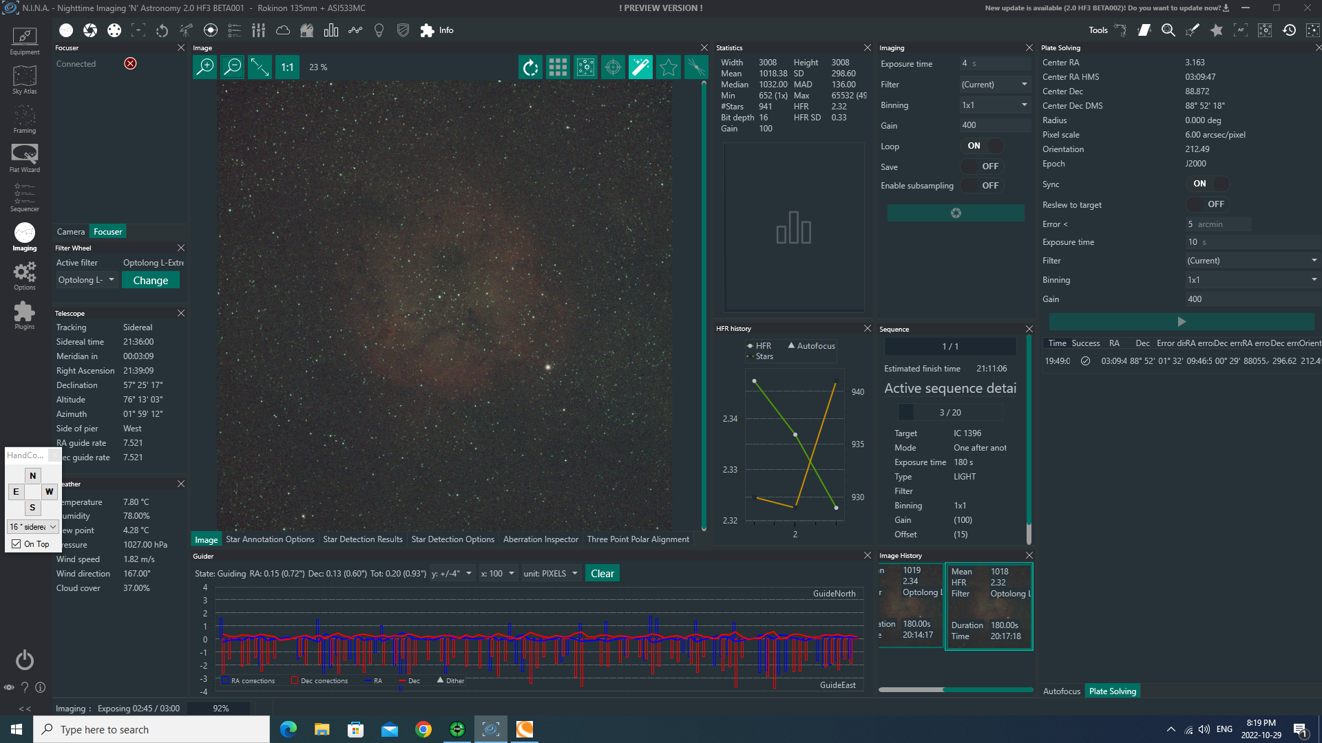 The Elephant's Trunk Nebula preview on my N.I.N.A. screen